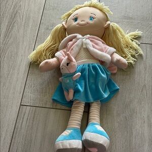 Plush Blonde Girl Doll with Blue Skirt and Pink Jacket - Soft Cuddly Toy